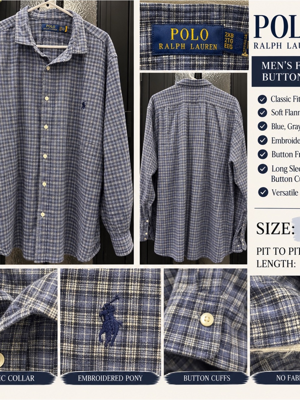 Polo Ralph Lauren Men’s 2XB Blue Gray Plaid Flannel Button Down Shirt Pony Logo